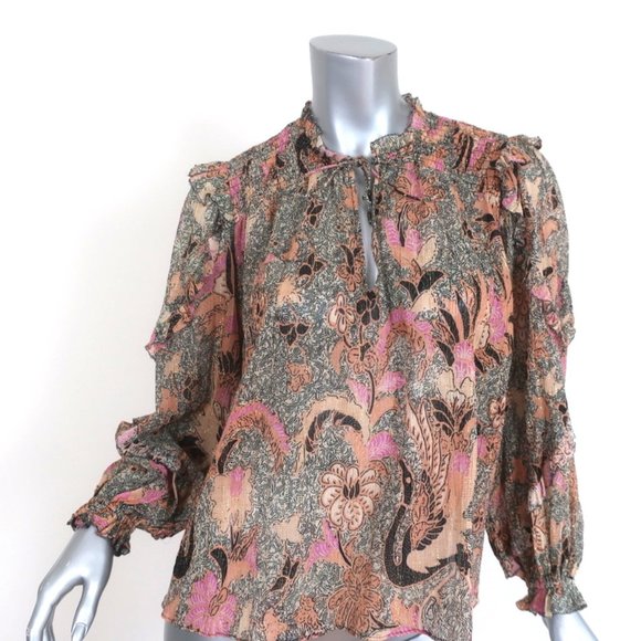 ULLA JOHNSON BLOUSE LARA BIRDS OF PARADISE PRINT SILK SIZE 2 LONG SLEEVE TOP